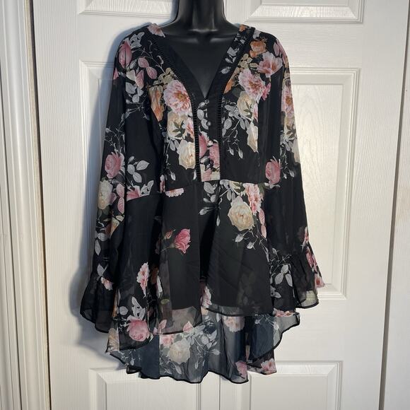City Chic Shirt Women Extra Large 22 Black Floral High Low Popover Whimsigoth - Picture 1 of 13